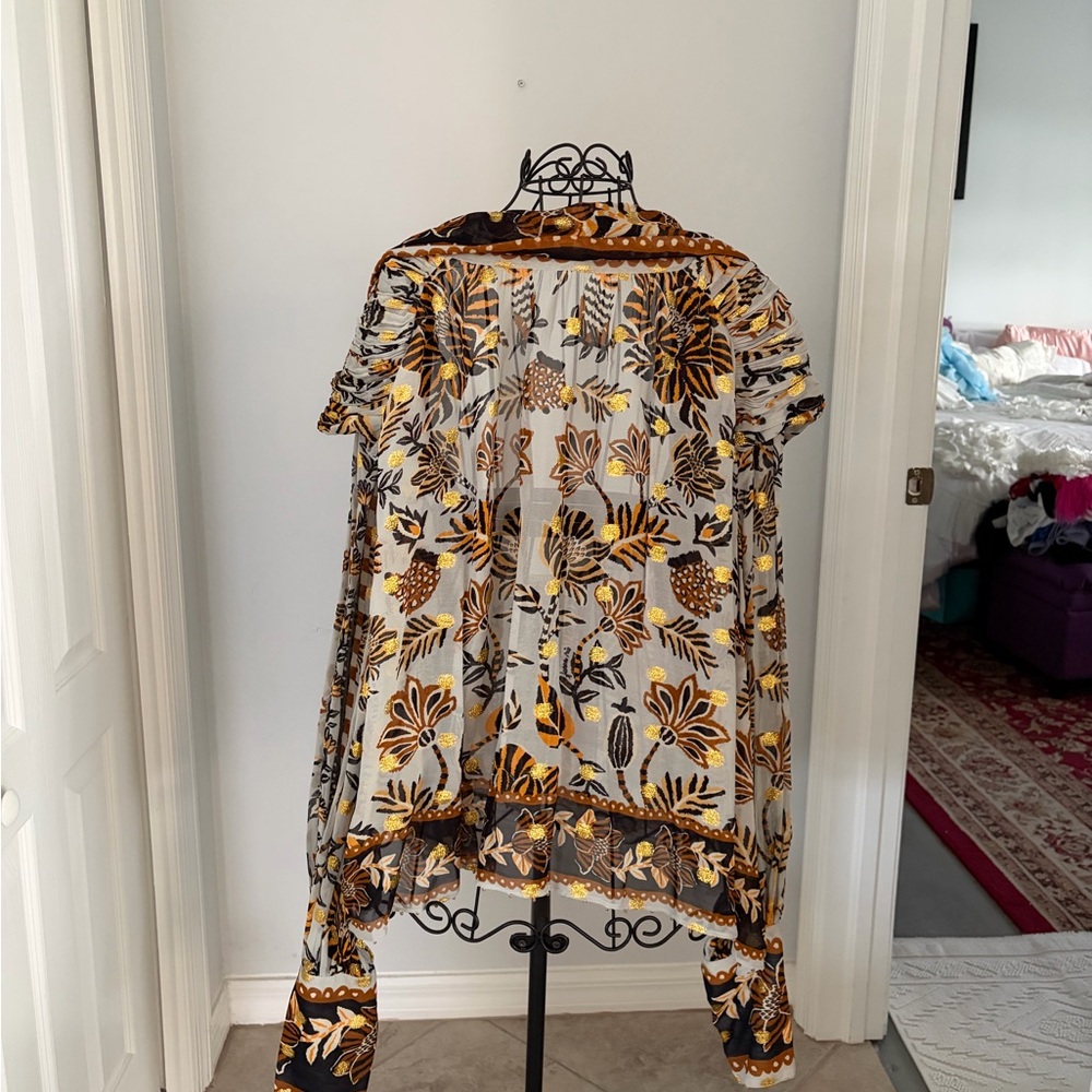 FARM Rio White Sheer Floral Blouse with Yellow and Brown Accents